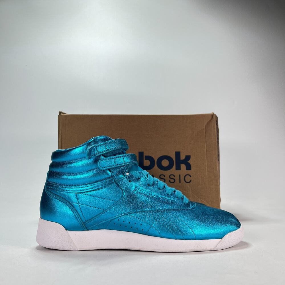 Reebok Freestyle Hi Metallic Feather Blue White Sneakers CN0959 Women's Size 6.5